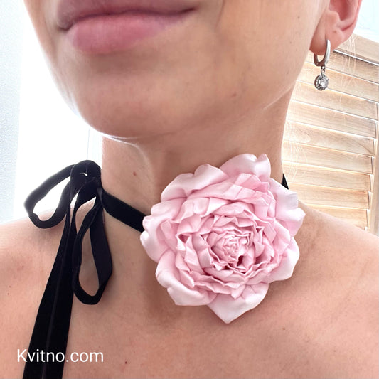 Ice Pink Flower Choker with Black Velvet Ribbon - Feminine and Edgy Accessory for Any Occasion