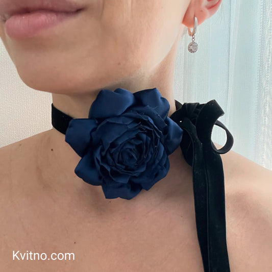 Navy Blue Flower Choker Necklace with Black Velvet Ribbon